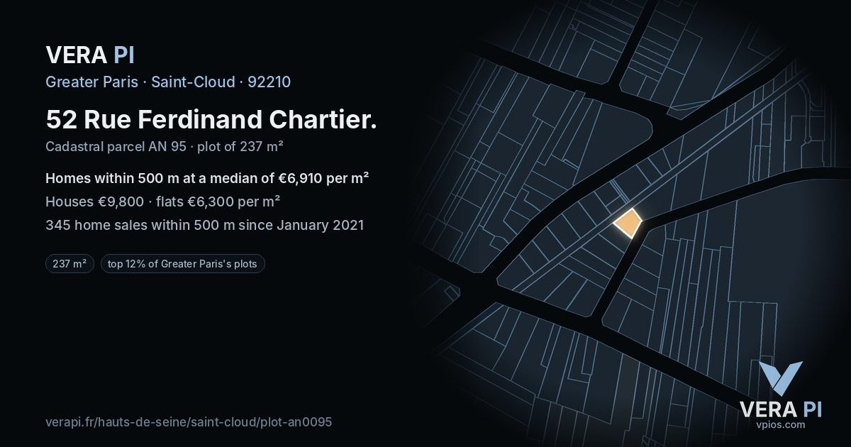 52 Rue Ferdinand Chartier, Saint-Cloud at night – the plot lit, the parcels around coloured by the prices near them