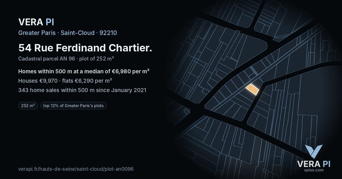 54 Rue Ferdinand Chartier, Saint-Cloud at night – the plot lit, the parcels around coloured by the prices near them