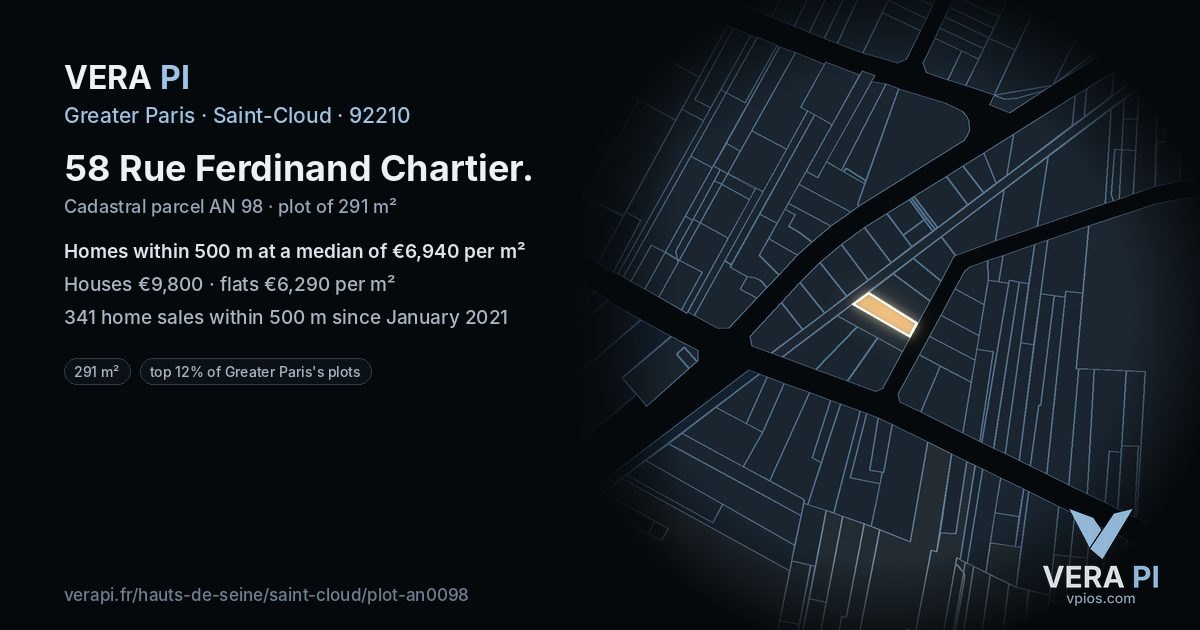 58 Rue Ferdinand Chartier, Saint-Cloud at night – the plot lit, the parcels around coloured by the prices near them
