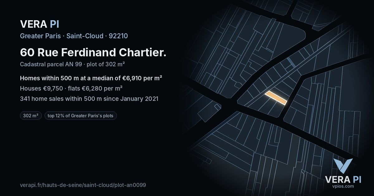 60 Rue Ferdinand Chartier, Saint-Cloud at night – the plot lit, the parcels around coloured by the prices near them
