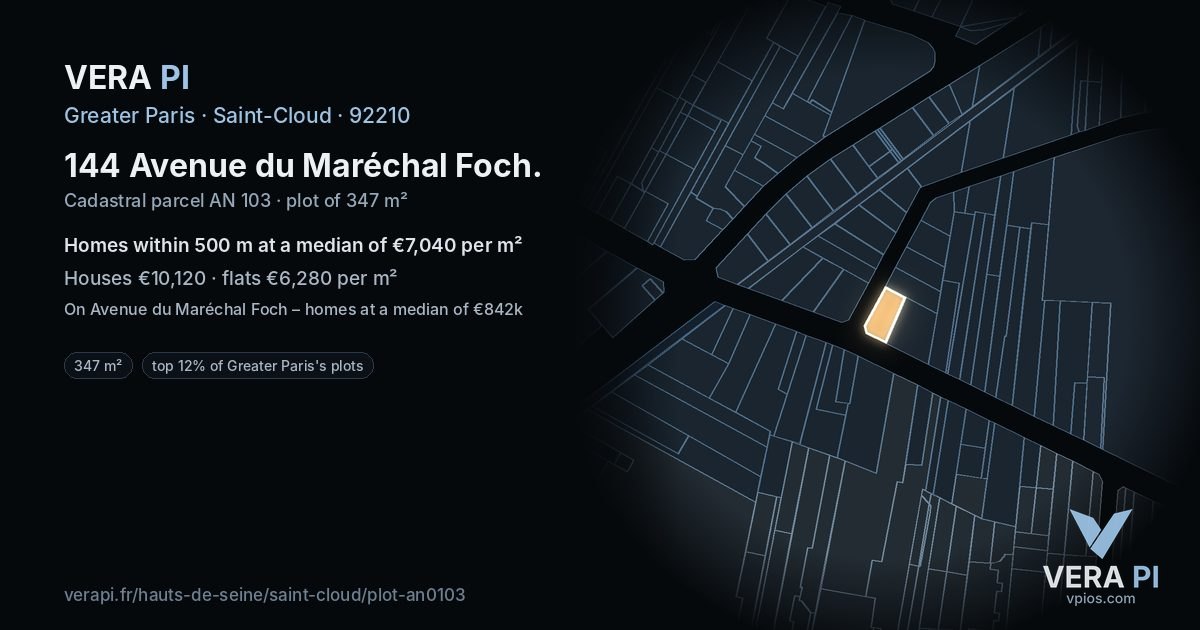 144 Avenue du Maréchal Foch, Saint-Cloud at night – the plot lit, the parcels around coloured by the prices near them