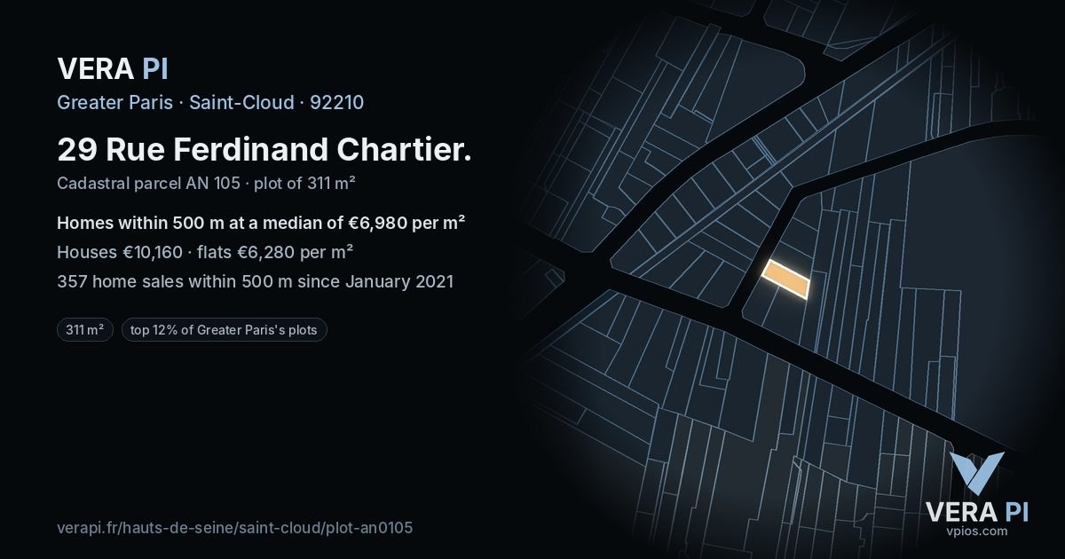 29 Rue Ferdinand Chartier, Saint-Cloud at night – the plot lit, the parcels around coloured by the prices near them