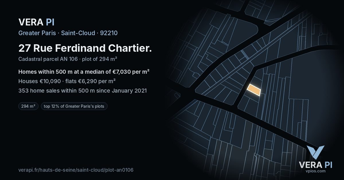 27 Rue Ferdinand Chartier, Saint-Cloud at night – the plot lit, the parcels around coloured by the prices near them