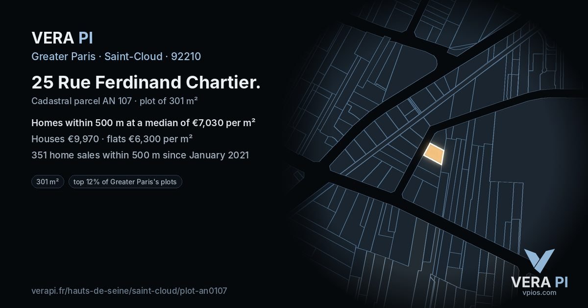 25 Rue Ferdinand Chartier, Saint-Cloud at night – the plot lit, the parcels around coloured by the prices near them