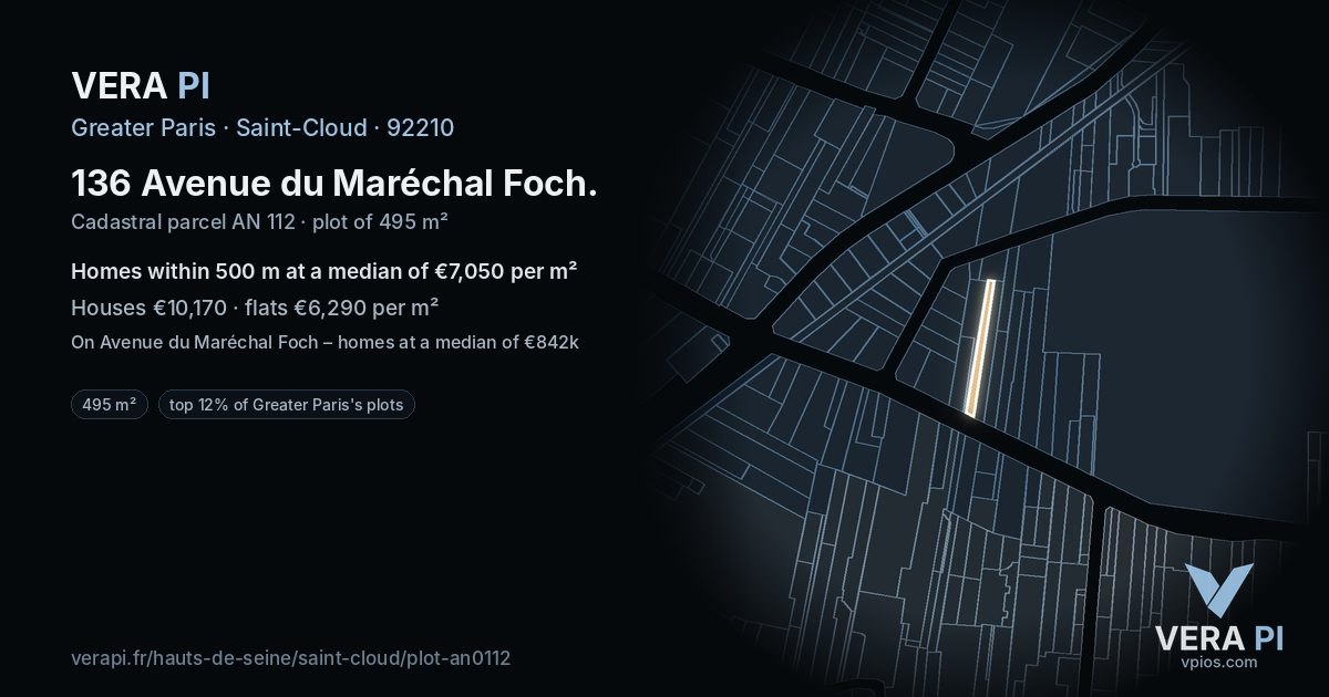 136 Avenue du Maréchal Foch, Saint-Cloud at night – the plot lit, the parcels around coloured by the prices near them