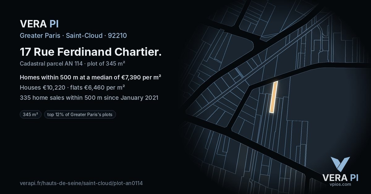 17 Rue Ferdinand Chartier, Saint-Cloud at night – the plot lit, the parcels around coloured by the prices near them