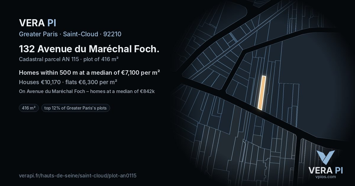 132 Avenue du Maréchal Foch, Saint-Cloud at night – the plot lit, the parcels around coloured by the prices near them