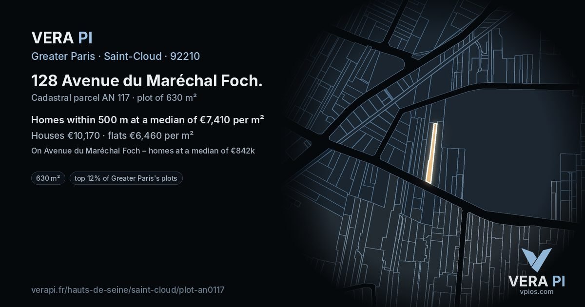 128 Avenue du Maréchal Foch, Saint-Cloud at night – the plot lit, the parcels around coloured by the prices near them