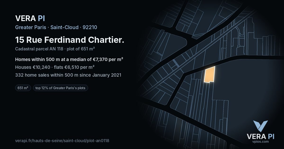 15 Rue Ferdinand Chartier, Saint-Cloud at night – the plot lit, the parcels around coloured by the prices near them