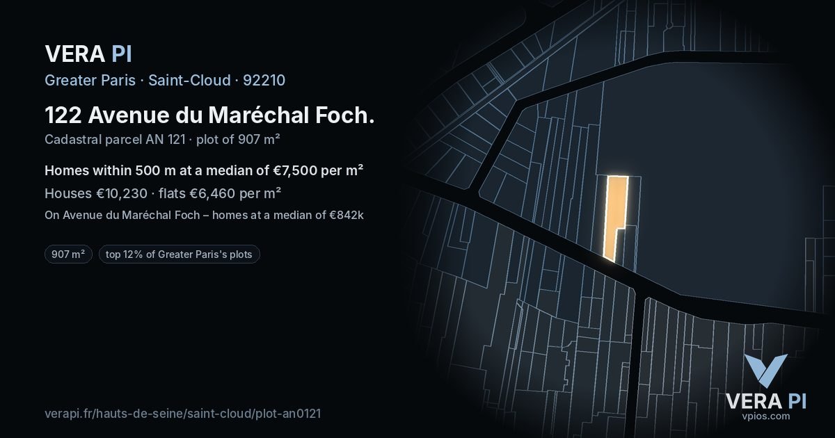 122 Avenue du Maréchal Foch, Saint-Cloud at night – the plot lit, the parcels around coloured by the prices near them