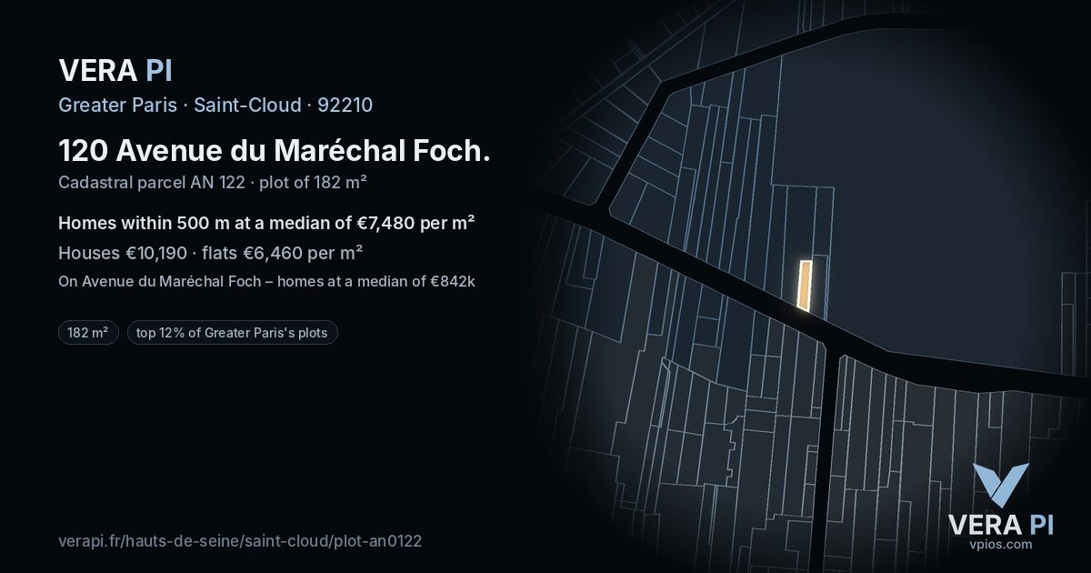 120 Avenue du Maréchal Foch, Saint-Cloud at night – the plot lit, the parcels around coloured by the prices near them