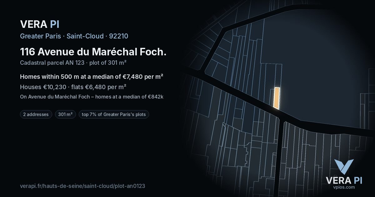 116 Avenue du Maréchal Foch, Saint-Cloud at night – the plot lit, the parcels around coloured by the prices near them