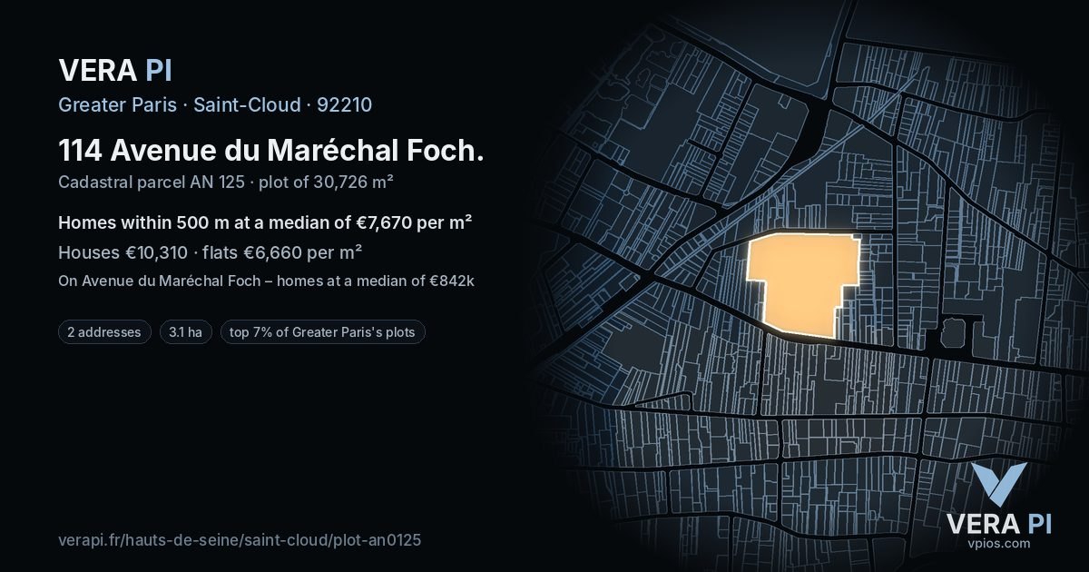 114 Avenue du Maréchal Foch, Saint-Cloud at night – the plot lit, the parcels around coloured by the prices near them