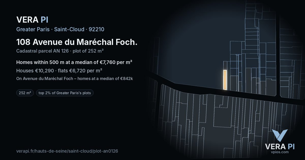 108 Avenue du Maréchal Foch, Saint-Cloud at night – the plot lit, the parcels around coloured by the prices near them