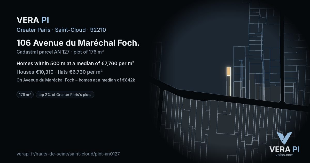 106 Avenue du Maréchal Foch, Saint-Cloud at night – the plot lit, the parcels around coloured by the prices near them