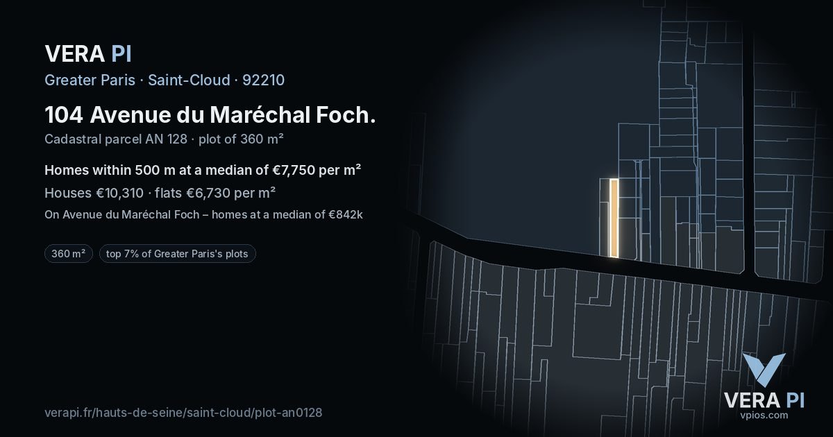 104 Avenue du Maréchal Foch, Saint-Cloud at night – the plot lit, the parcels around coloured by the prices near them