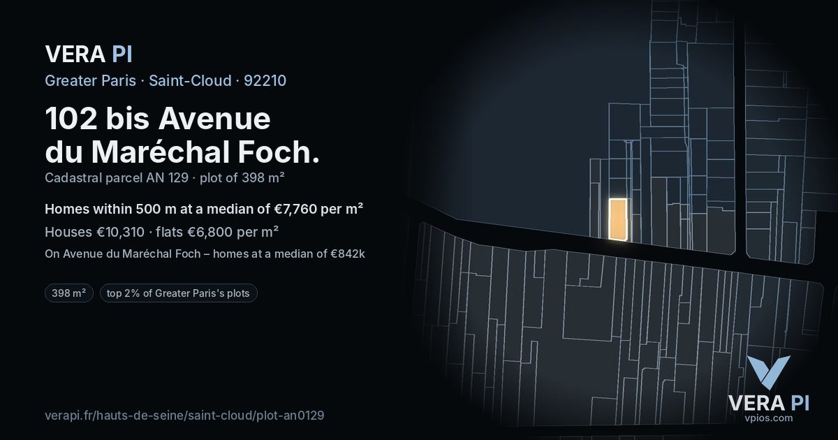 102 bis Avenue du Maréchal Foch, Saint-Cloud at night – the plot lit, the parcels around coloured by the prices near them