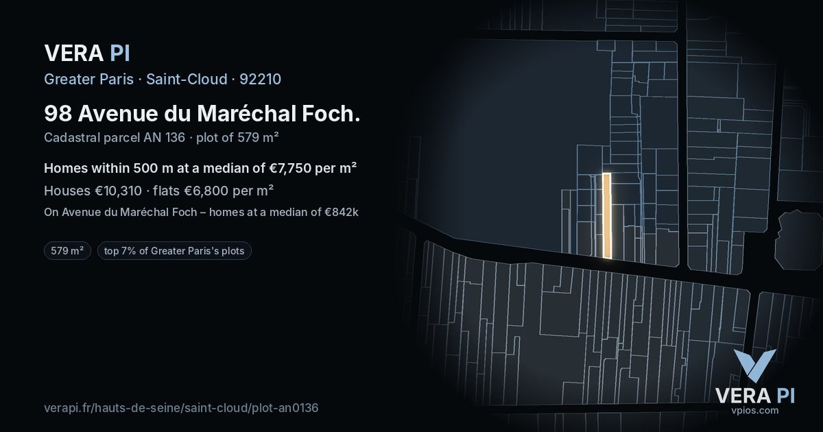98 Avenue du Maréchal Foch, Saint-Cloud at night – the plot lit, the parcels around coloured by the prices near them