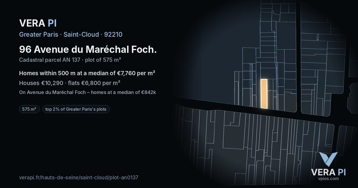 96 Avenue du Maréchal Foch, Saint-Cloud at night – the plot lit, the parcels around coloured by the prices near them