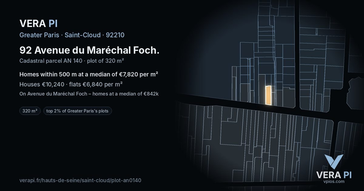 92 Avenue du Maréchal Foch, Saint-Cloud at night – the plot lit, the parcels around coloured by the prices near them