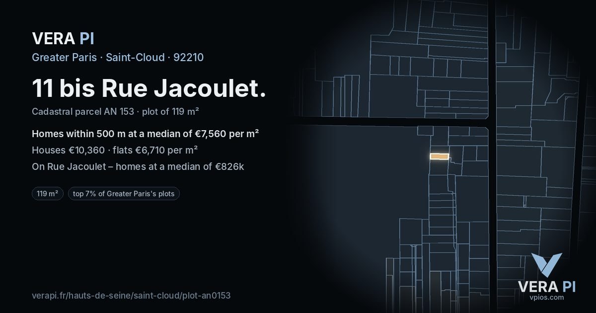 11 bis Rue Jacoulet, Saint-Cloud at night – the plot lit, the parcels around coloured by the prices near them