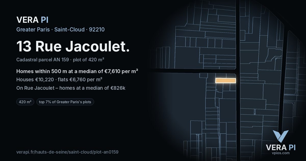 13 Rue Jacoulet, Saint-Cloud at night – the plot lit, the parcels around coloured by the prices near them
