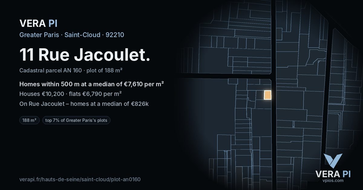 11 Rue Jacoulet, Saint-Cloud at night – the plot lit, the parcels around coloured by the prices near them