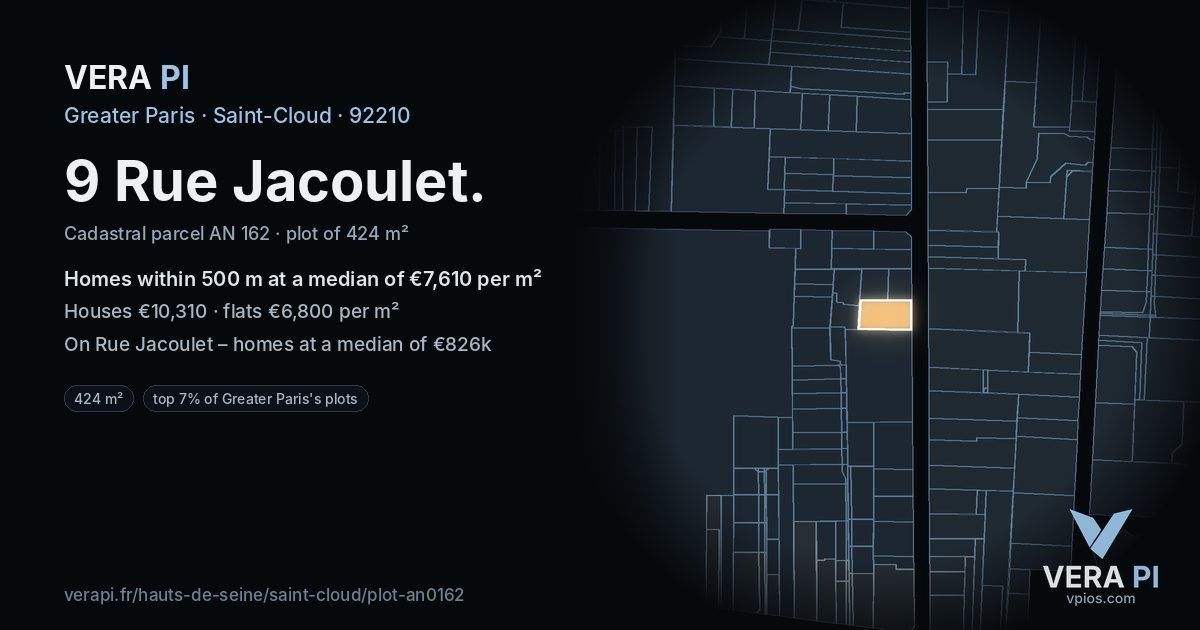 9 Rue Jacoulet, Saint-Cloud at night – the plot lit, the parcels around coloured by the prices near them