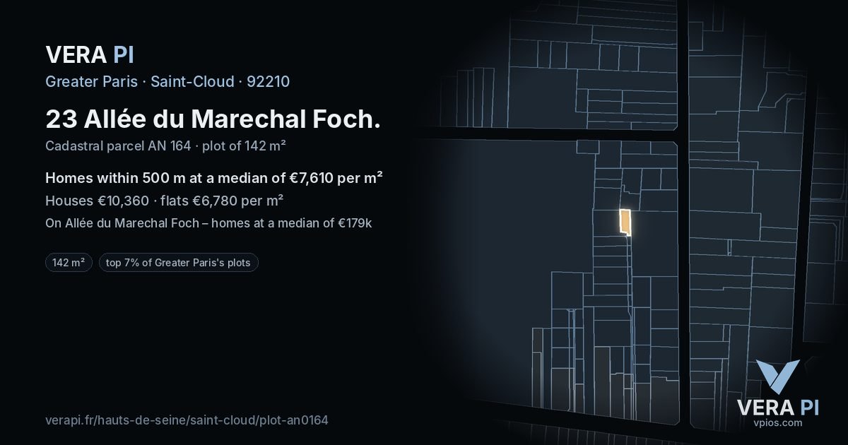 23 Allée du Marechal Foch, Saint-Cloud at night – the plot lit, the parcels around coloured by the prices near them
