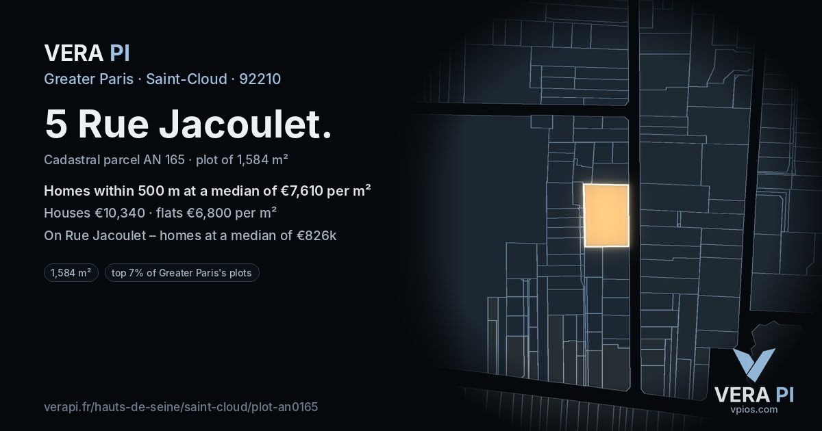 5 Rue Jacoulet, Saint-Cloud at night – the plot lit, the parcels around coloured by the prices near them