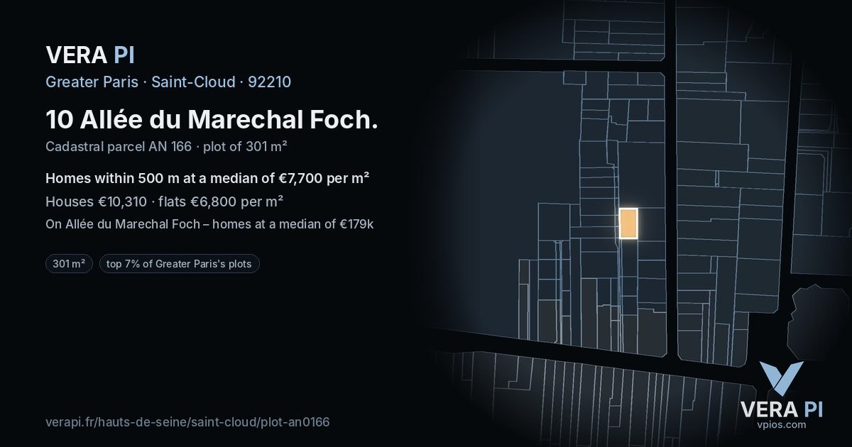 10 Allée du Marechal Foch, Saint-Cloud at night – the plot lit, the parcels around coloured by the prices near them