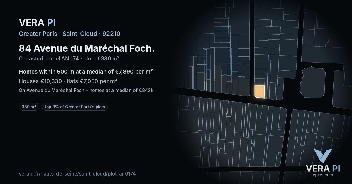 84 Avenue du Maréchal Foch, Saint-Cloud at night – the plot lit, the parcels around coloured by the prices near them