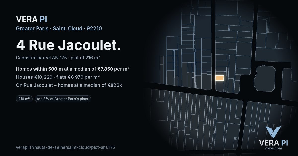 4 Rue Jacoulet, Saint-Cloud at night – the plot lit, the parcels around coloured by the prices near them
