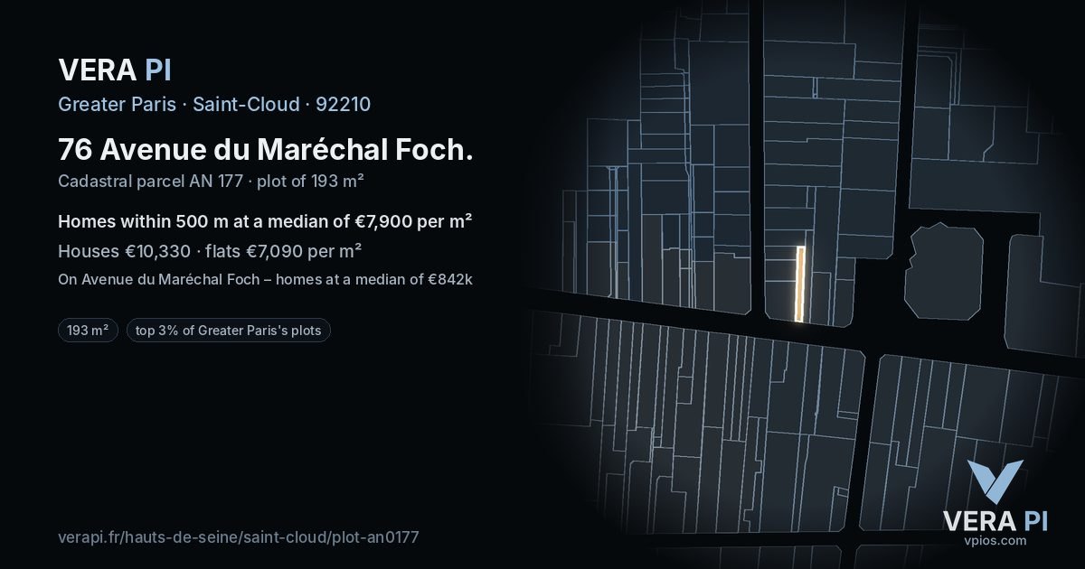 76 Avenue du Maréchal Foch, Saint-Cloud at night – the plot lit, the parcels around coloured by the prices near them