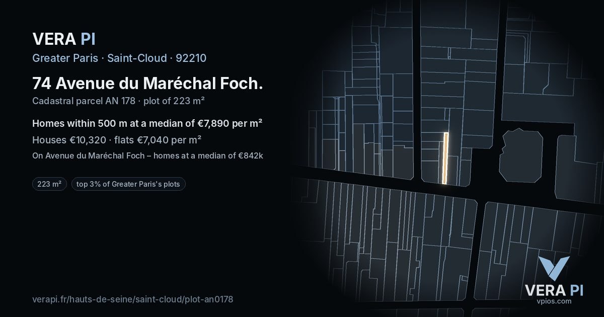 74 Avenue du Maréchal Foch, Saint-Cloud at night – the plot lit, the parcels around coloured by the prices near them