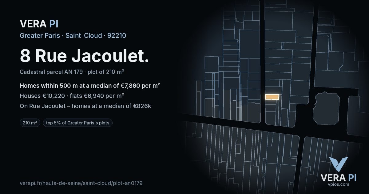 8 Rue Jacoulet, Saint-Cloud at night – the plot lit, the parcels around coloured by the prices near them