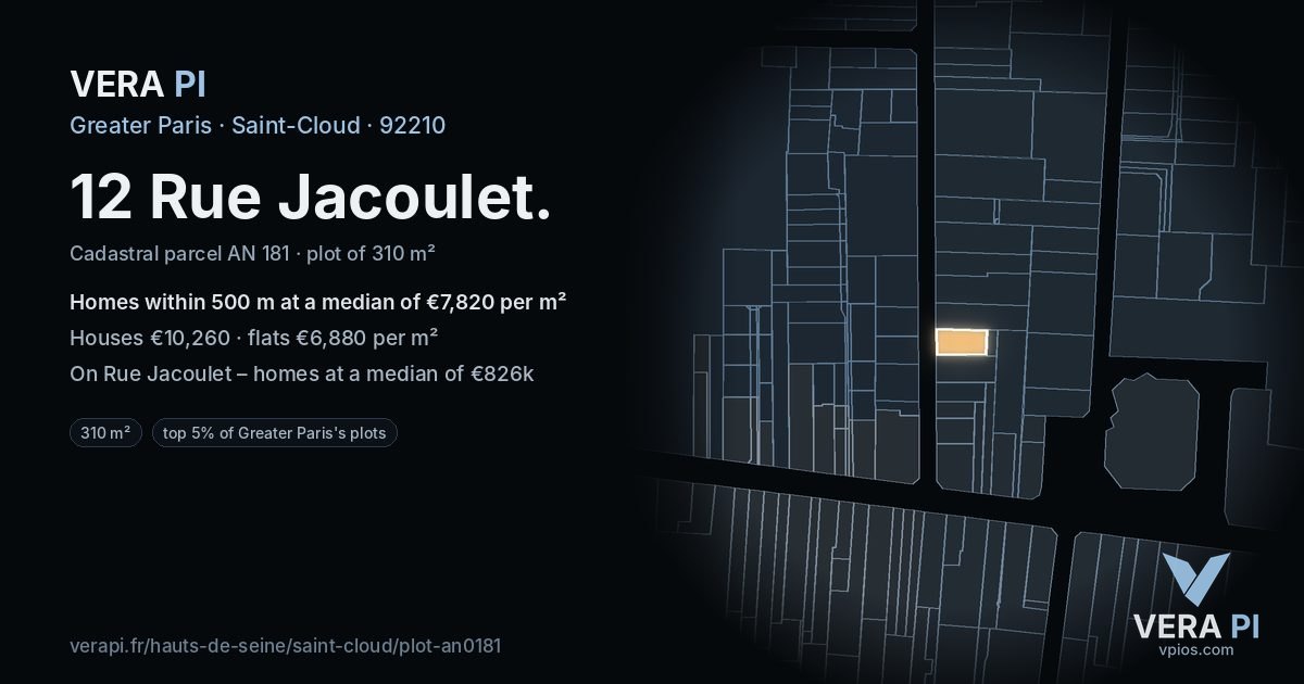12 Rue Jacoulet, Saint-Cloud at night – the plot lit, the parcels around coloured by the prices near them