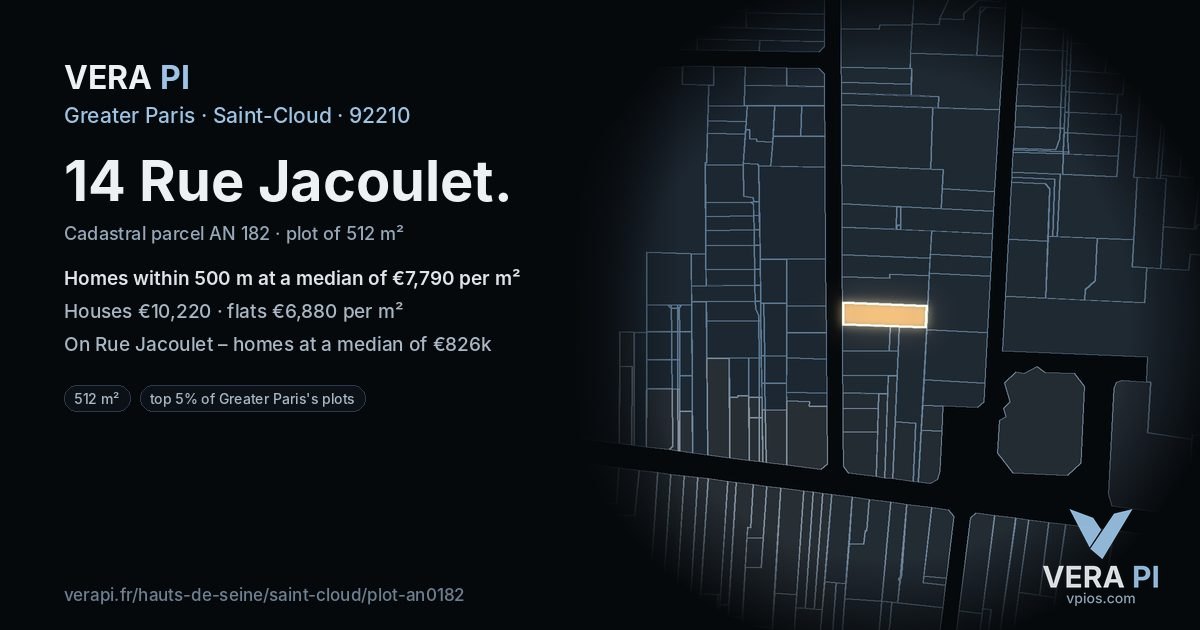 14 Rue Jacoulet, Saint-Cloud at night – the plot lit, the parcels around coloured by the prices near them