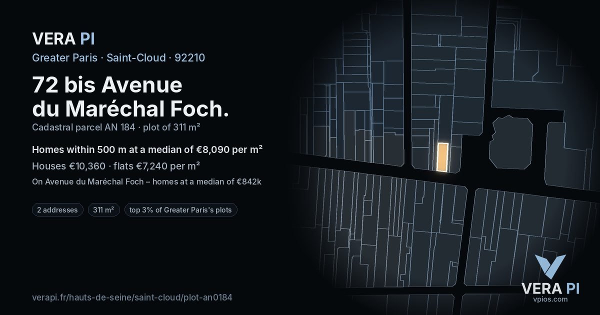72 bis Avenue du Maréchal Foch, Saint-Cloud at night – the plot lit, the parcels around coloured by the prices near them