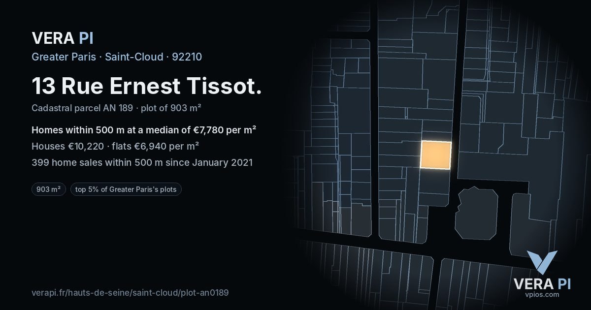 13 Rue Ernest Tissot, Saint-Cloud at night – the plot lit, the parcels around coloured by the prices near them