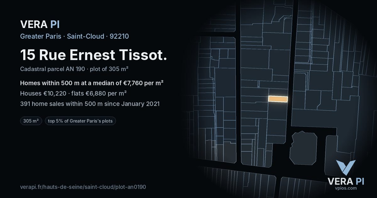 15 Rue Ernest Tissot, Saint-Cloud at night – the plot lit, the parcels around coloured by the prices near them