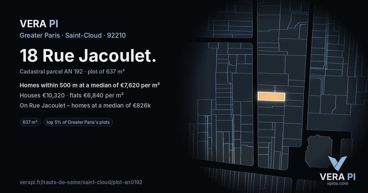 18 Rue Jacoulet, Saint-Cloud at night – the plot lit, the parcels around coloured by the prices near them