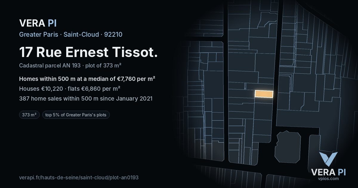 17 Rue Ernest Tissot, Saint-Cloud at night – the plot lit, the parcels around coloured by the prices near them