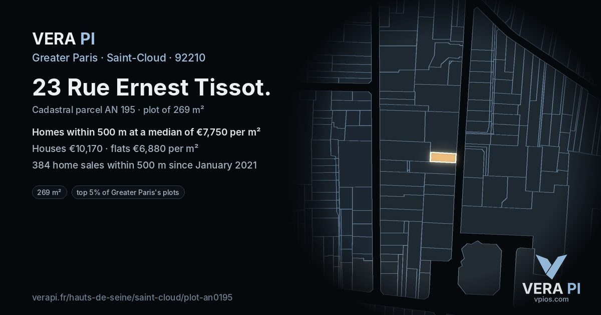 23 Rue Ernest Tissot, Saint-Cloud at night – the plot lit, the parcels around coloured by the prices near them