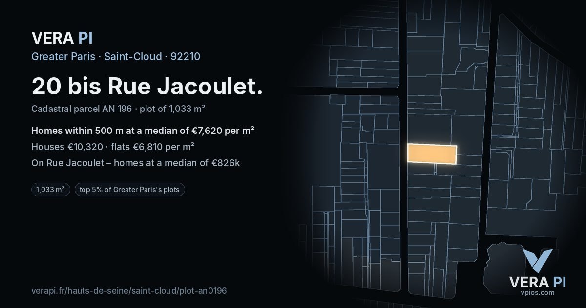 20 bis Rue Jacoulet, Saint-Cloud at night – the plot lit, the parcels around coloured by the prices near them