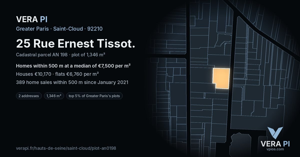 25 Rue Ernest Tissot, Saint-Cloud at night – the plot lit, the parcels around coloured by the prices near them