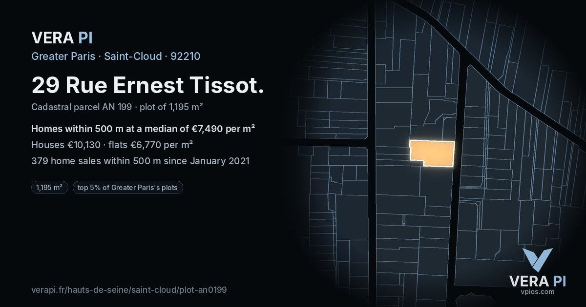 29 Rue Ernest Tissot, Saint-Cloud at night – the plot lit, the parcels around coloured by the prices near them