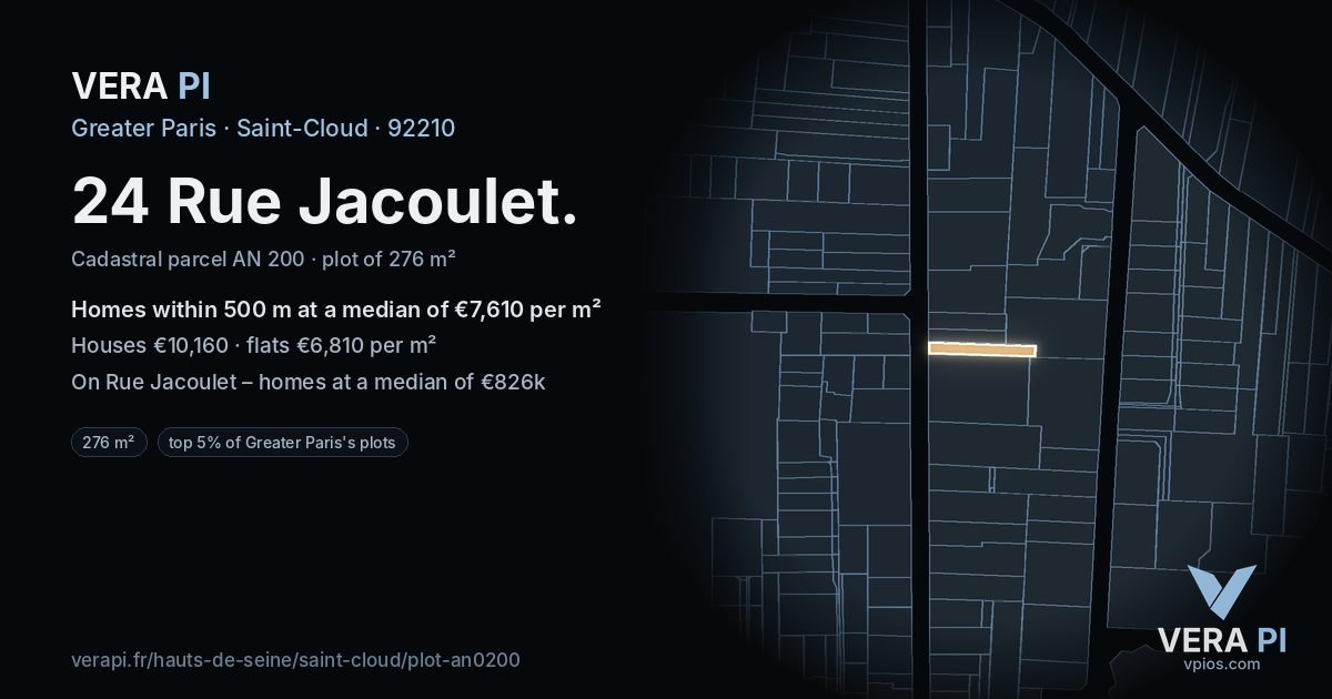 24 Rue Jacoulet, Saint-Cloud at night – the plot lit, the parcels around coloured by the prices near them