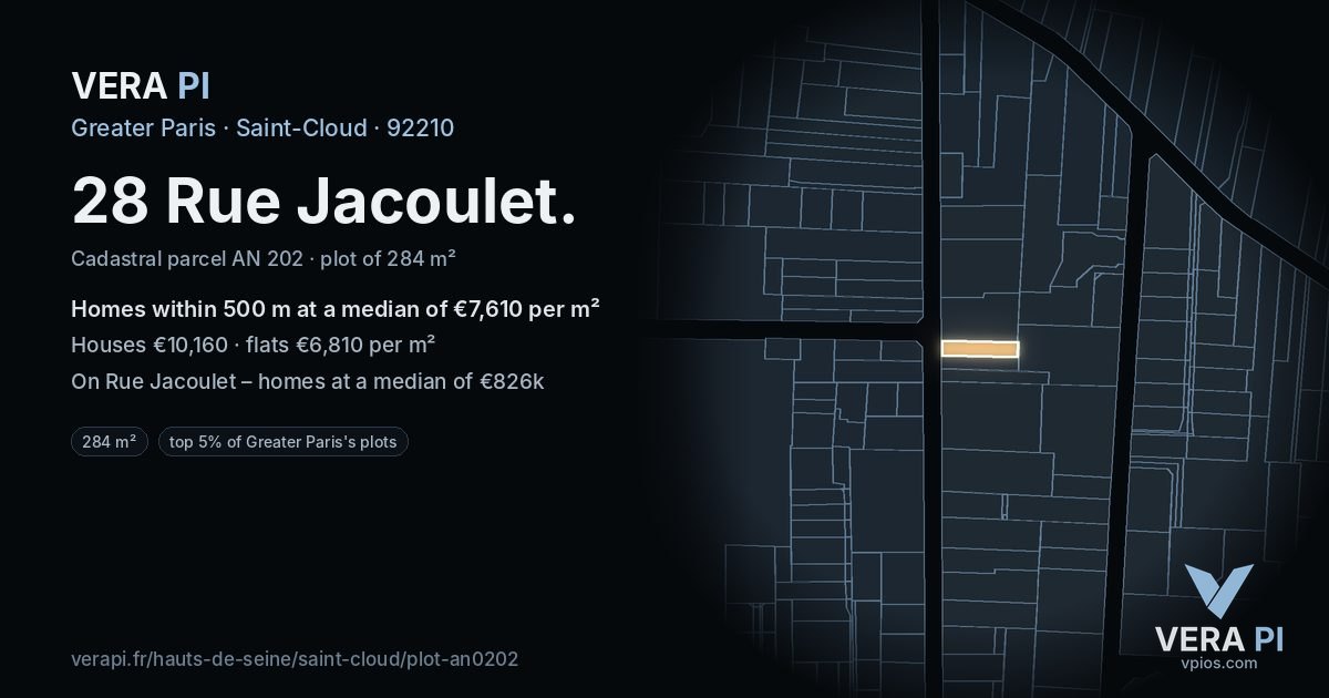 28 Rue Jacoulet, Saint-Cloud at night – the plot lit, the parcels around coloured by the prices near them