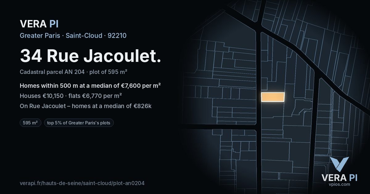 34 Rue Jacoulet, Saint-Cloud at night – the plot lit, the parcels around coloured by the prices near them